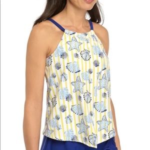 NWT Crown & Ivy Striped Navy Blue Yellow White Tankini Swimsuit Top Womens Small